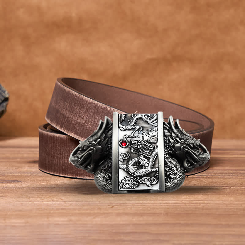 Cintura in pelle Dual Dragon argento antico fai da te da uomo con accendino nascosto - Drago - Cintura marrone anticata - 42 - image 12
