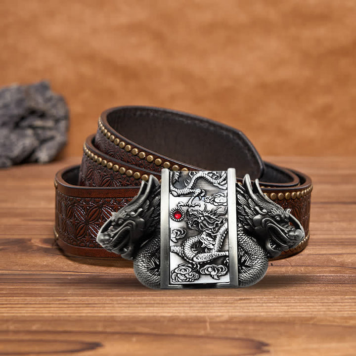 Cintura in pelle Dual Dragon argento antico fai da te da uomo con accendino nascosto - Drago - Cintura con rivetti marroni - 42 - image 10