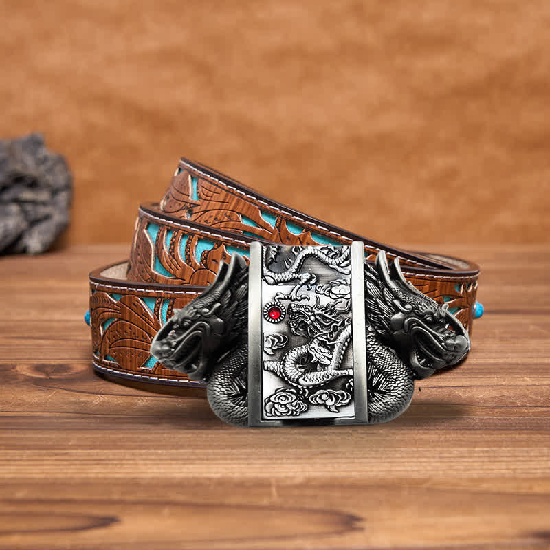 Cintura in pelle Dual Dragon argento antico fai da te da uomo con accendino nascosto - Drago - Cintura intagliata turchese - 42 - image 8