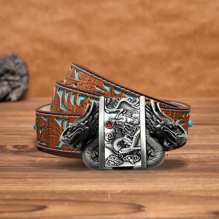 Cintura in pelle Dual Dragon argento antico fai da te da uomo con accendino nascosto - Drago - Cintura intagliata turchese - 42 - image 8
