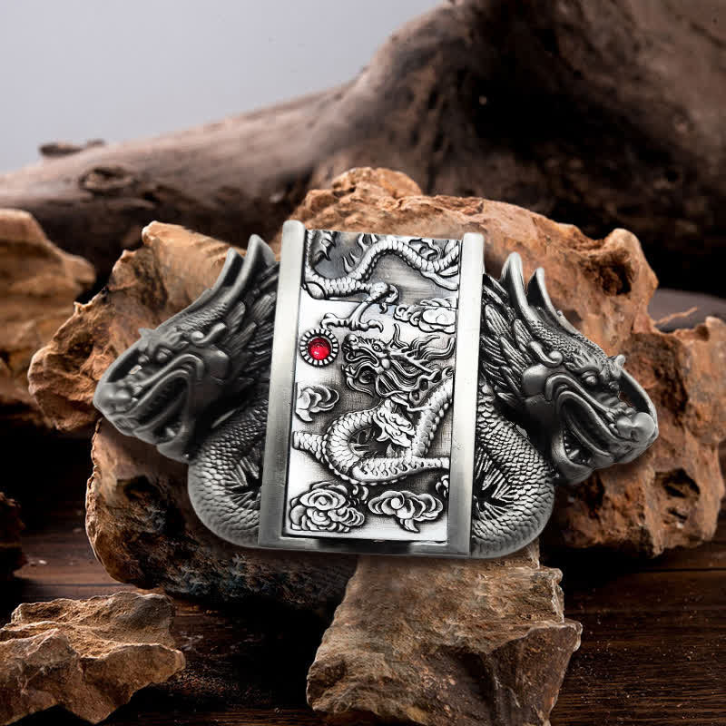 Cintura in pelle Dual Dragon argento antico fai da te da uomo con accendino nascosto - image 1