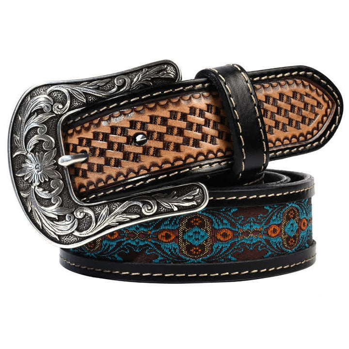 Cintura in pelle con motivo intrecciato a cestino retrò in stile nativo - Nero - 44 - image 0