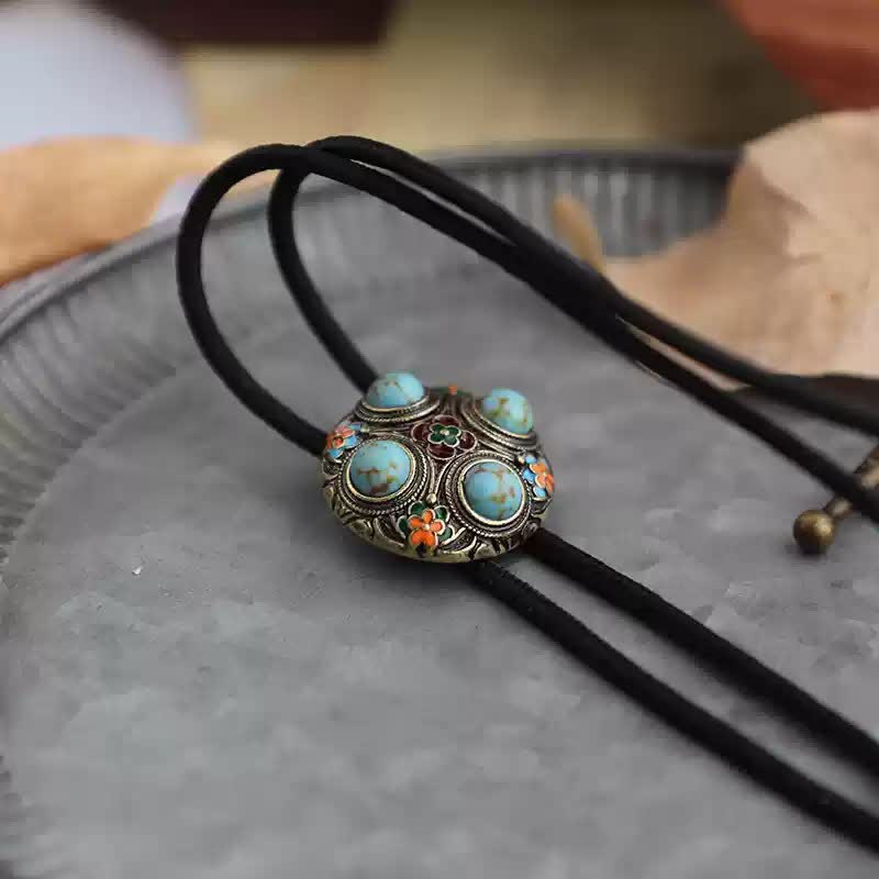 Cravatta Bolo con fiore in smalto turchese blu antico - image 9