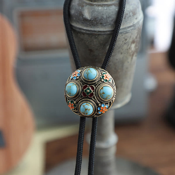 Cravatta Bolo con fiore in smalto turchese blu antico - Corda - image 6