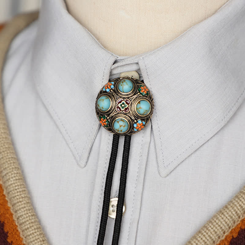 Cravatta Bolo con fiore in smalto turchese blu antico - image 7