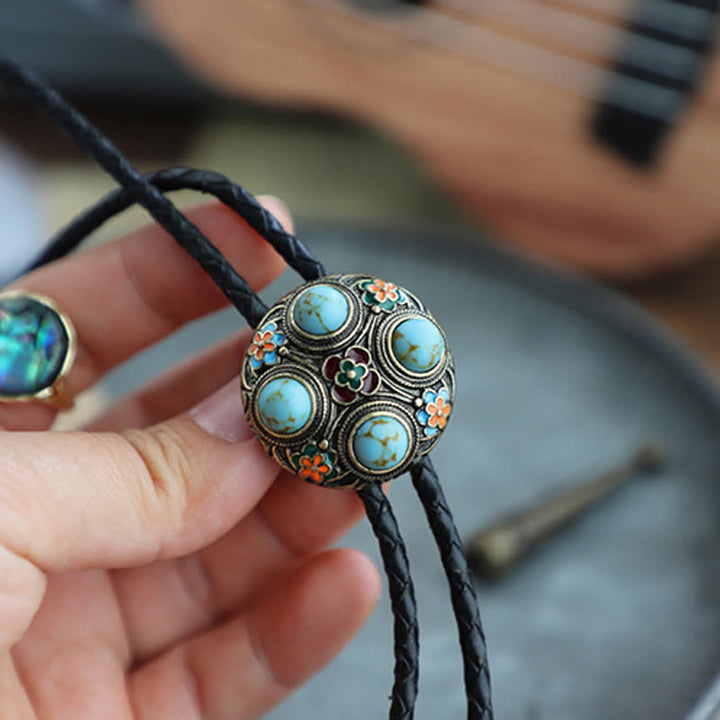 Cravatta Bolo con fiore in smalto turchese blu antico - image 3