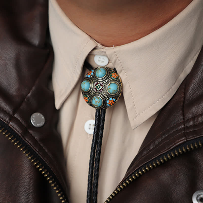 Cravatta Bolo con fiore in smalto turchese blu antico - image 2