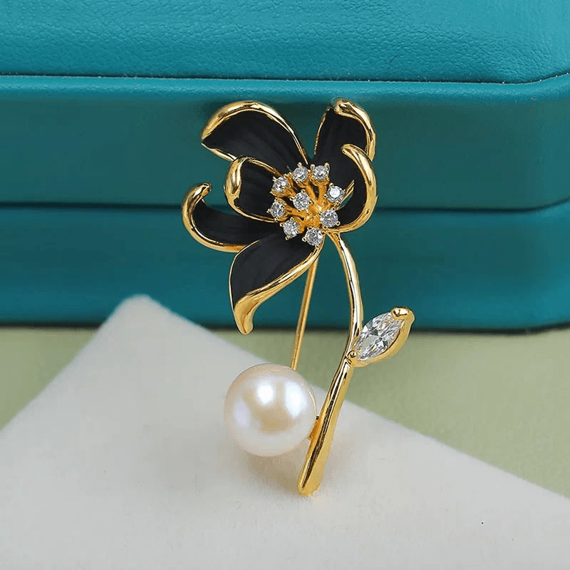 Spilla classica da donna con perle finte a forma di fiore di loto - Nero - image 3