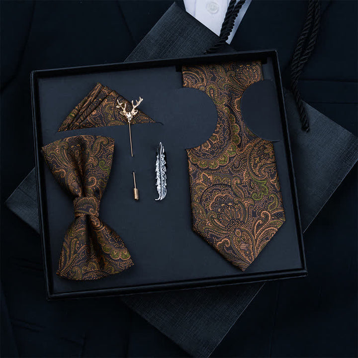 5 pezzi papillon Paisley marrone scuro e nero da uomo in scatola regalo - Pre-legato - image 8