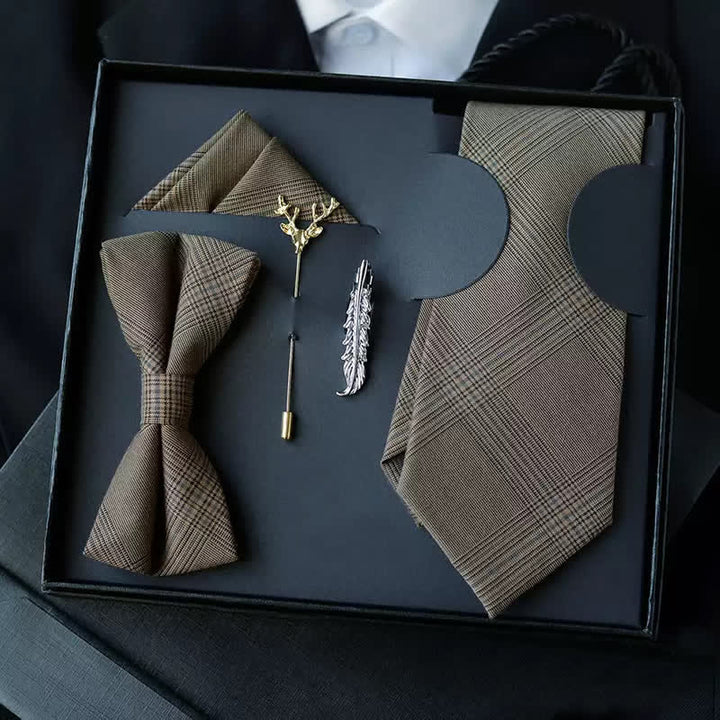 5 pezzi papillon vintage da uomo in stile caffè marrone a quadri, confezione regalo - Marrone caffè - image 0