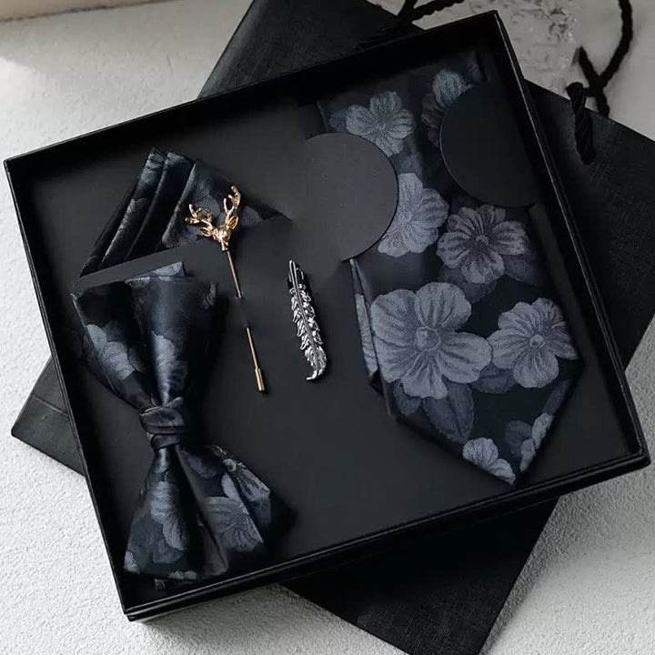 5 pezzi papillon da sposa classici floreali vintage da uomo, confezione regalo - Nero - image 0