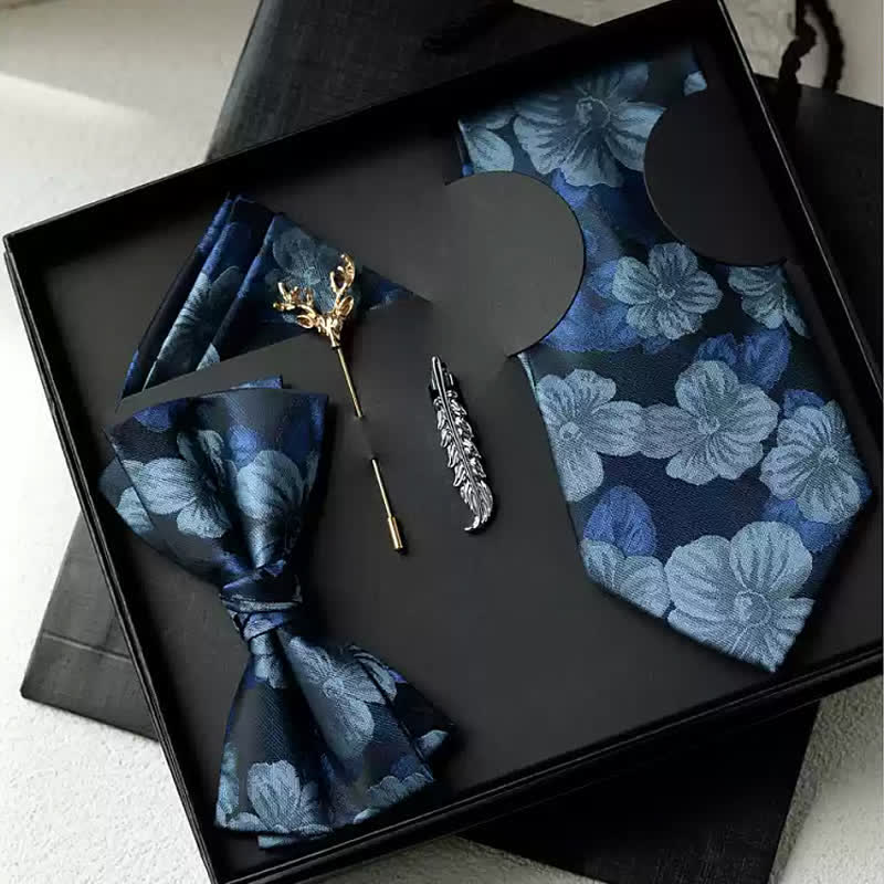5 pezzi papillon da sposa classici floreali vintage da uomo, confezione regalo - Blu - image 1
