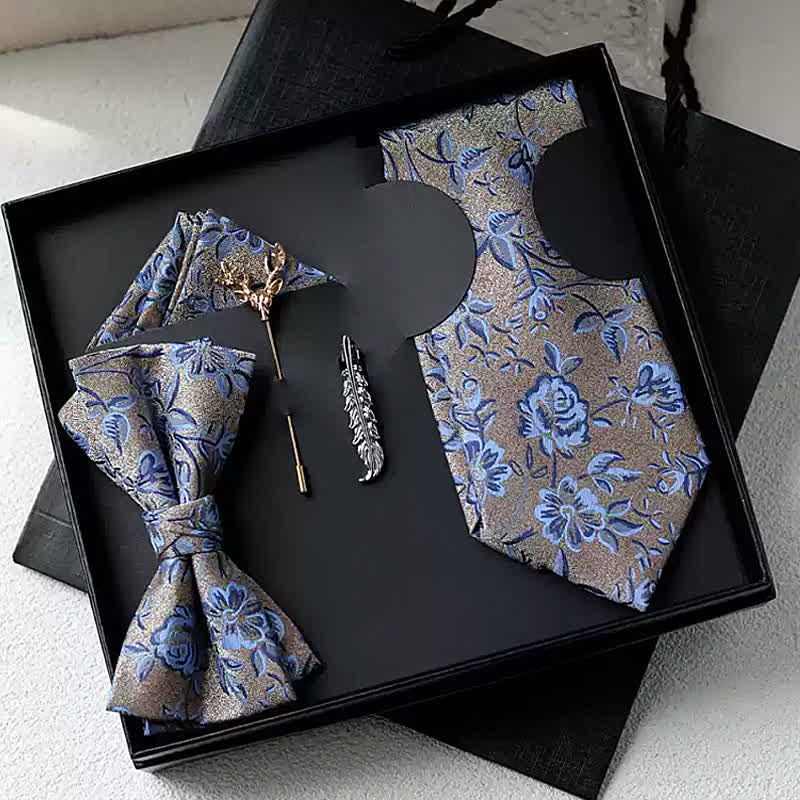 5 pezzi papillon floreali da uomo con rose blu e marrone chiaro, confezione regalo - Marrone e blu - image 0