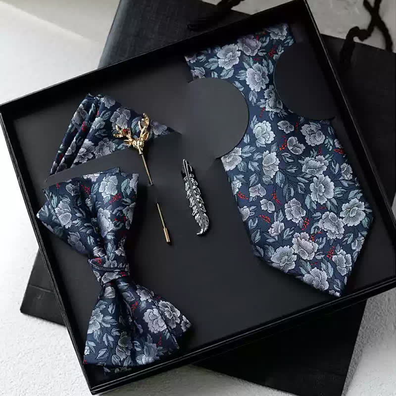 5 pezzi papillon floreali da uomo blu navy e grigio con rose in scatola regalo - Blu navy e grigio - image 0