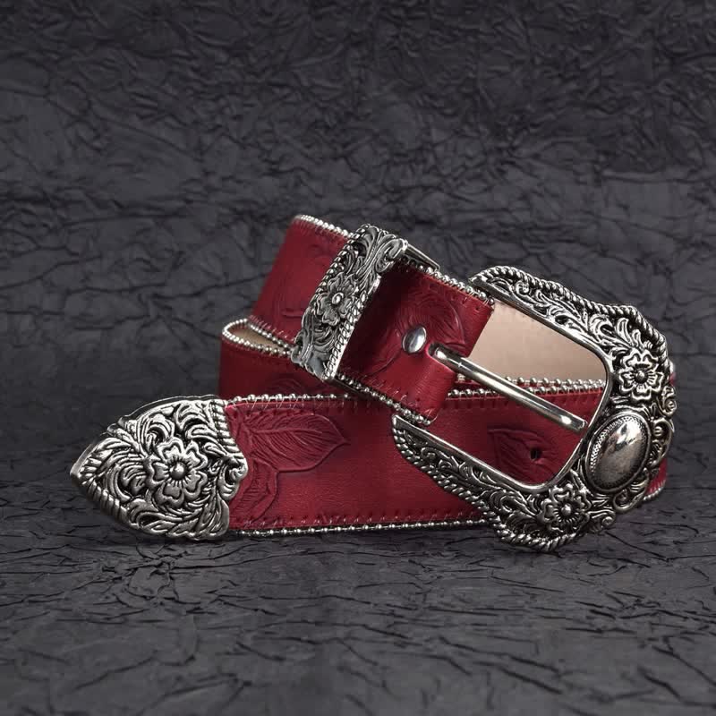 Cintura da donna in pelle con perline e catena rosso scuro in stile vintage - image 2
