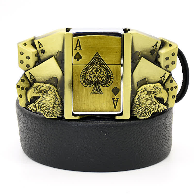 Cintura da uomo Eagle Poker Ace in pelle dorata con accendino nascosto - Nero - 50" - image 0