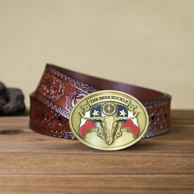 Cintura in pelle con fibbia porta birra creativa fai da te da uomo a forma di toro del selvaggio West - Bronzo antico - Cintura marrone intagliata - 42 - image 18