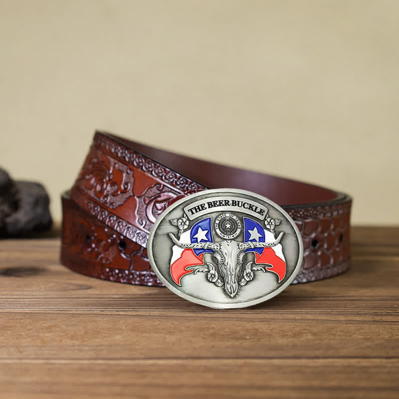 Cintura in pelle con fibbia porta birra creativa fai da te da uomo a forma di toro del selvaggio West - Argento antico - Cintura marrone intagliata - 42 - image 12