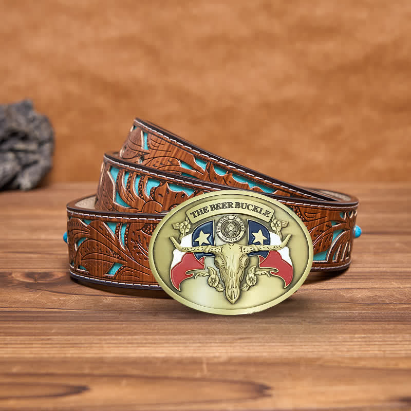 Cintura in pelle con fibbia porta birra creativa fai da te da uomo a forma di toro del selvaggio West - Bronzo antico - Cintura intagliata turchese - 42 - image 15