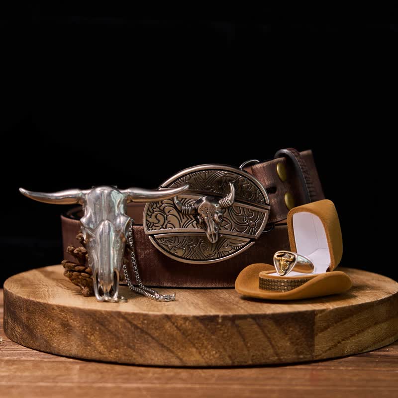 Set di anelli con ciondolo e fibbia per cintura con coltello nascosto fai da te Longhorn Bull - Oro - Cintura marrone anticata - 42 - image 0
