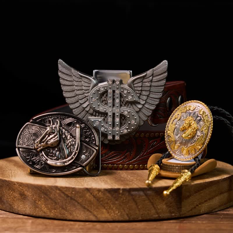Fibbia per cintura fai da te con accendino nascosto a forma di cavallo, fibbia per accendino con dollaro e set di cravatta Bolo - Set in bundle - image 0