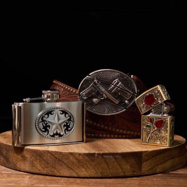 Set di accendini con fibbia per cintura fai da te con coltello nascosto, doppie pistole, stella e fiaschetta - Set in bundle - image 0