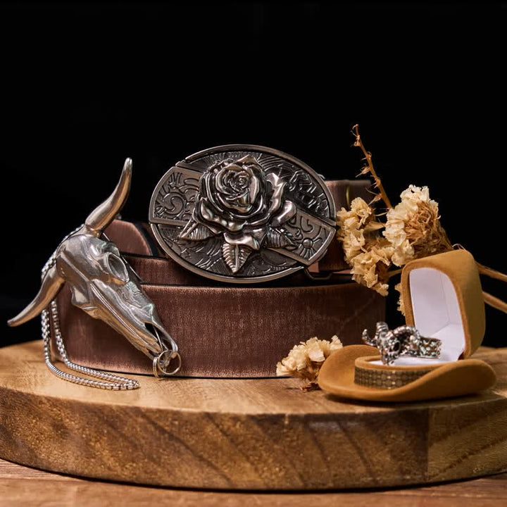 Set di anelli di capra con ciondolo a forma di corno di cervo, fibbia per cintura con coltello nascosto fai da te Rose - Set in bundle - Cintura marrone anticata - 42 - image 0