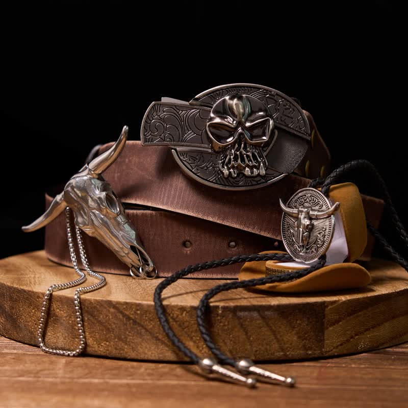 Set di cravatte Bolo con ciondolo a forma di mucca, fibbia per cintura con coltello nascosto fai da te e teschio - Set in bundle - image 0
