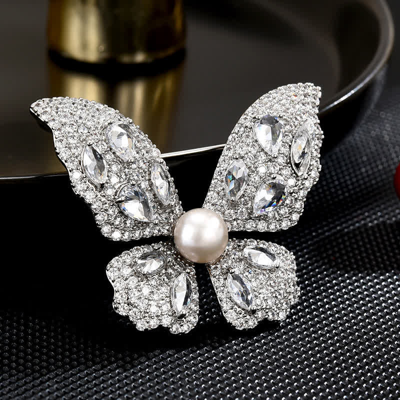 Spilla a farfalla con perle e zirconi scintillanti da donna - Argento - image 0