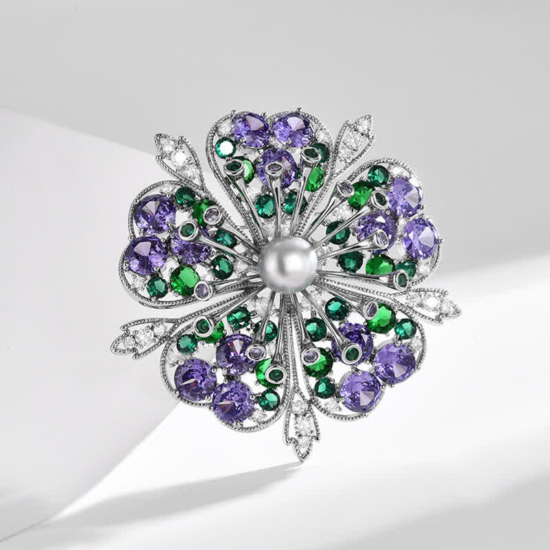 Spilla elegante da donna con perle e zirconi colorati floreali - image 1