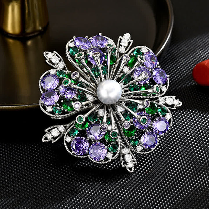 Spilla elegante da donna con perle e zirconi colorati floreali - Viola e verde - image 0