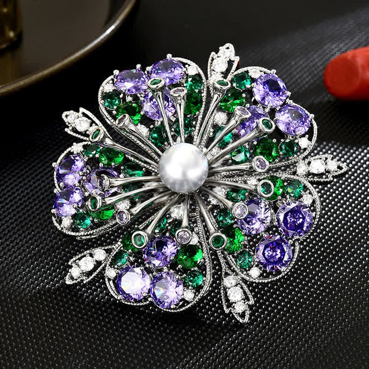 Spilla elegante da donna con perle e zirconi colorati floreali - image 2