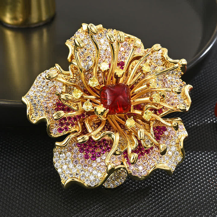 Spilla da donna di lusso con zirconi cubici colorati e fiori retrò - Rosso - image 2