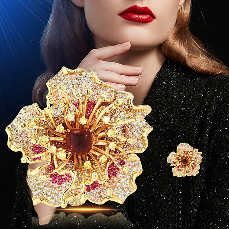 Spilla da donna di lusso con zirconi cubici colorati e fiori retrò - image 1