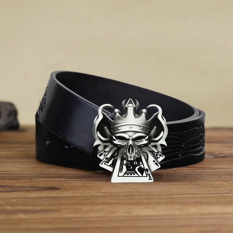 Cintura in pelle con fibbia da casinò Royal Flush Poker Skull fai da te da uomo - Argento - Cintura aquila nera in rilievo - 42 - image 1