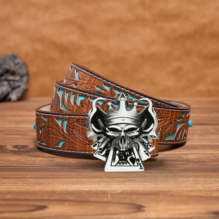 Cintura in pelle con fibbia da casinò Royal Flush Poker Skull fai da te da uomo - Argento - Cintura intagliata turchese - 42 - image 2
