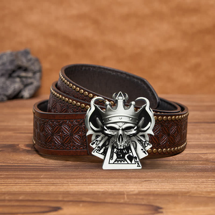 Cintura in pelle con fibbia da casinò Royal Flush Poker Skull fai da te da uomo - Argento - Cintura con rivetti marroni - 42 - image 3