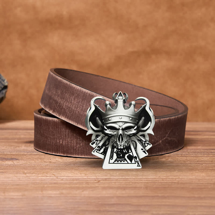 Cintura in pelle con fibbia da casinò Royal Flush Poker Skull fai da te da uomo - Argento - Cintura marrone anticata - 42 - image 4