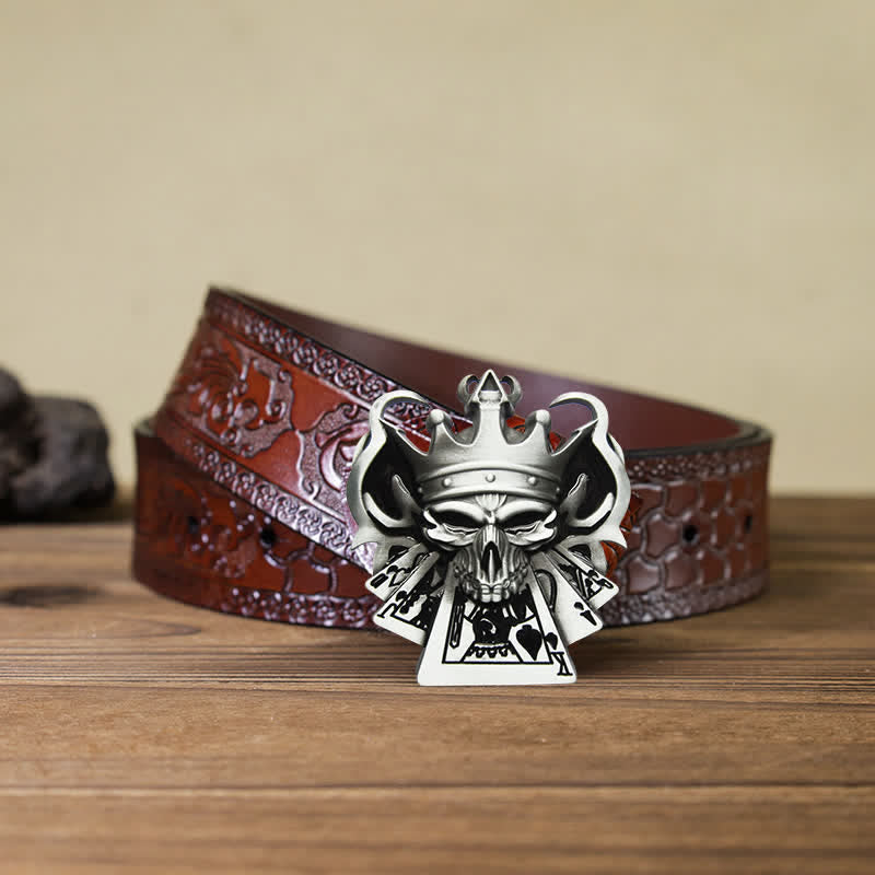 Cintura in pelle con fibbia da casinò Royal Flush Poker Skull fai da te da uomo - Argento - Cintura marrone intagliata - 42 - image 5
