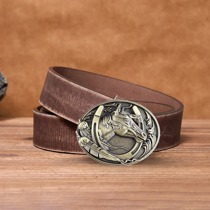 Cintura in pelle con fibbia a ferro di cavallo in bronzo fai da te da uomo - Bronzo - Cintura marrone anticata - 42 - image 7