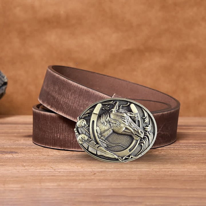 Cintura in pelle con fibbia a ferro di cavallo in bronzo fai da te da uomo - Bronzo - Cintura marrone anticata - 42 - image 7