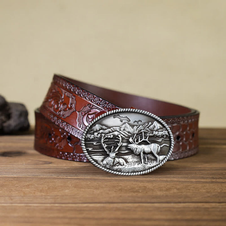 Cintura in pelle con fibbia in stile western con cervi della fauna selvatica fai da te da uomo - Argento - Cintura marrone intagliata - 42 - image 6