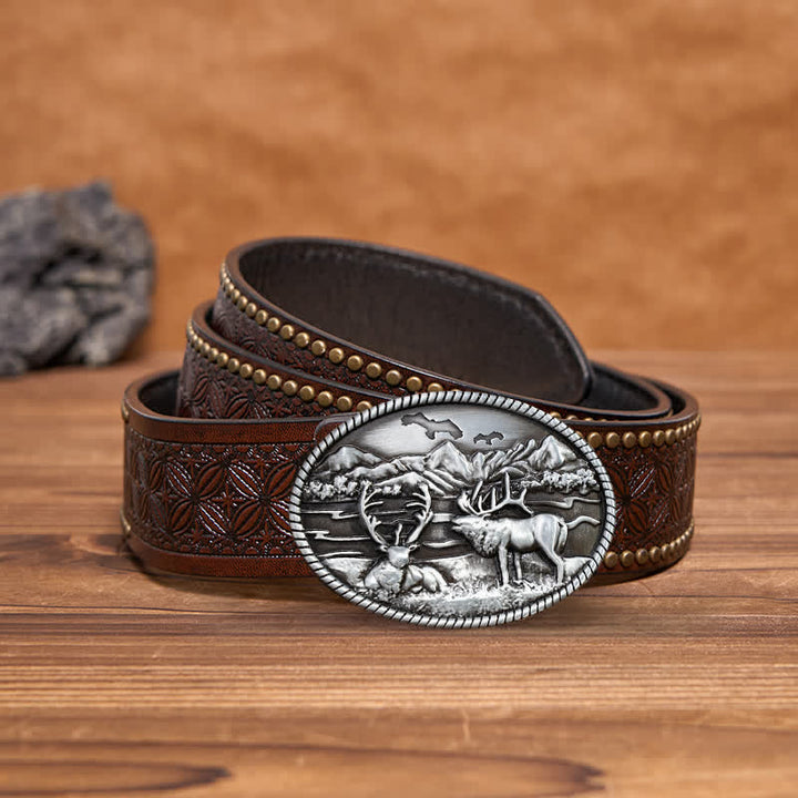 Cintura in pelle con fibbia in stile western con cervi della fauna selvatica fai da te da uomo - Argento - Cintura con rivetti marroni - 42 - image 4