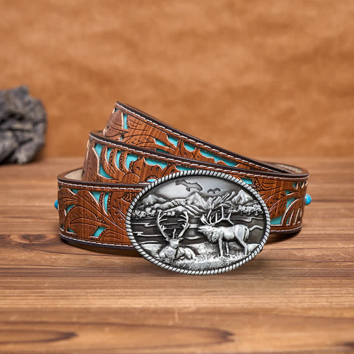 Cintura in pelle con fibbia in stile western con cervi della fauna selvatica fai da te da uomo - Argento - Cintura intagliata turchese - 42 - image 3