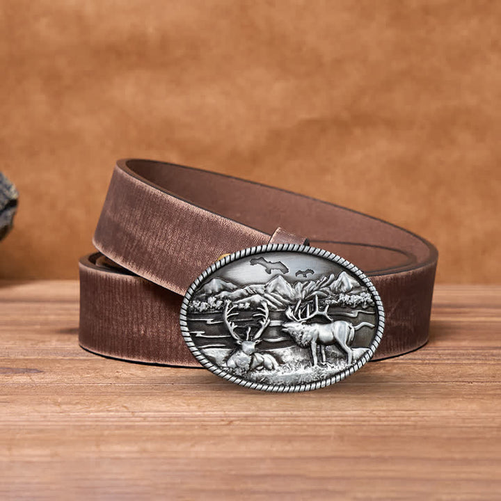 Cintura in pelle con fibbia in stile western con cervi della fauna selvatica fai da te da uomo - Argento - Cintura marrone anticata - 42 - image 5