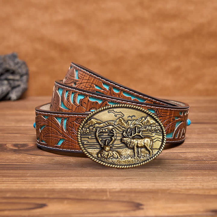 Cintura in pelle con fibbia in stile western con cervi della fauna selvatica fai da te da uomo - Bronzo - Cintura intagliata turchese - 42 - image 10