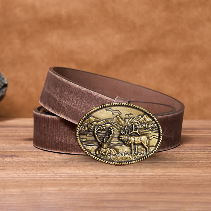 Cintura in pelle con fibbia in stile western con cervi della fauna selvatica fai da te da uomo - Bronzo - Cintura marrone anticata - 42 - image 12