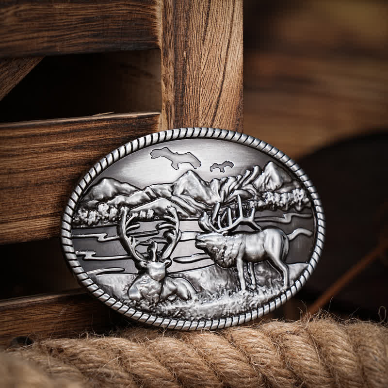 Cintura in pelle con fibbia in stile western con cervi della fauna selvatica fai da te da uomo - Argento - Senza cintura - Senza cintura - image 0