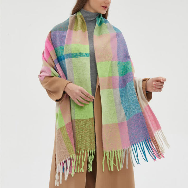 Sciarpa invernale con frange spesse a quadri arcobaleno unisex - image 2