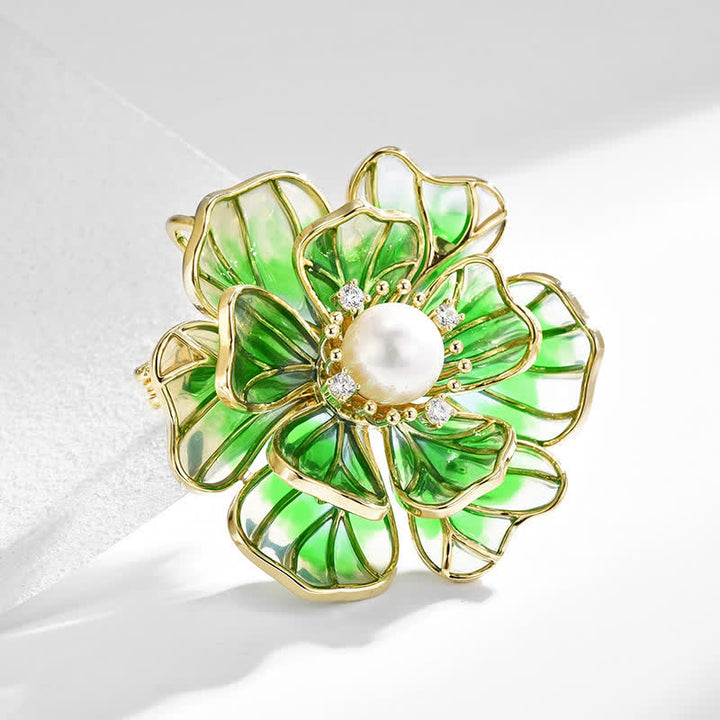 Spilla da donna in smalto placcato oro con peonia verde - image 4